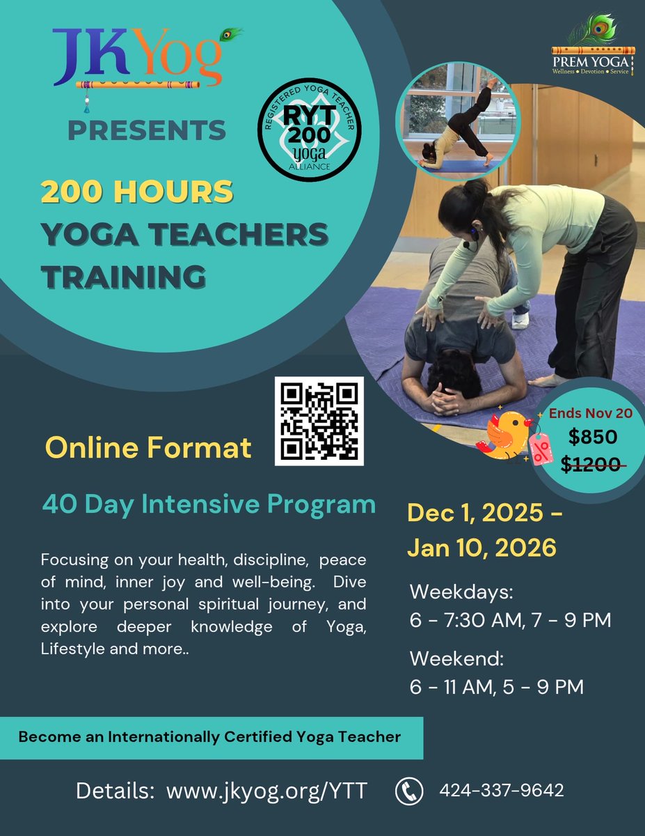 RKT_Dallas's tweet image. Catch Early Registration!! Online Yoga Teachers Training! 🙏

Become an Internationaly Certified Yoga Teacher:  

Starting Dec 1st, 2025 to Jan 10, 2026
ONLINE format
Prem Yoga training brings together the essence of #Bhakti, #Gyan and #karmyog into a single yogic system to keep…