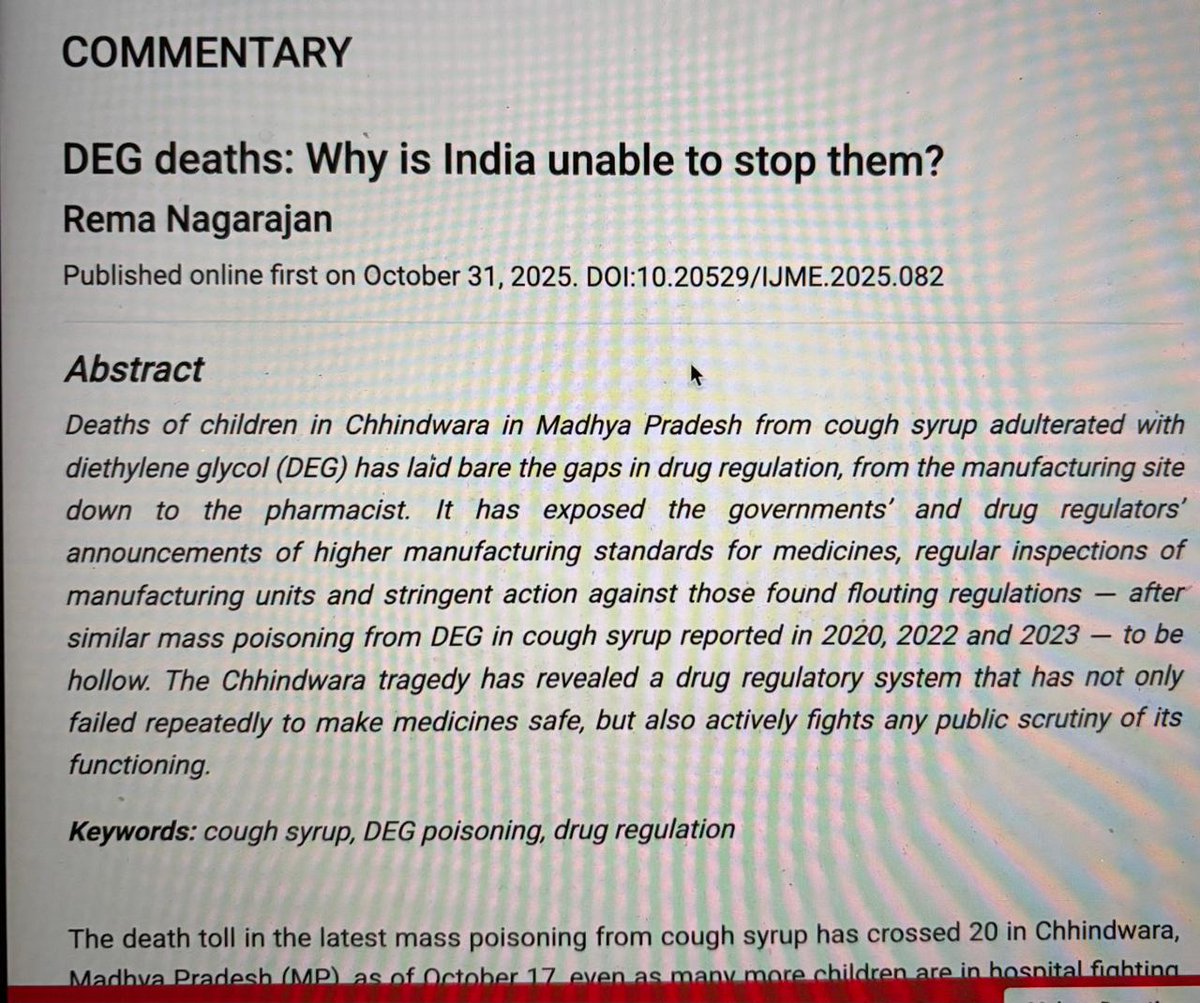 A look at why India is unable to stop DEG/cough syrup deaths
Drug regulatory system fights transparency and public scrutiny of its functioning
Records of how many inspections conducted not in public domain
Inspection reports are secret
<a href="/IndJMedEthics/">Ind J Med Ethics</a> 
ijme.in/articles/deg-d…