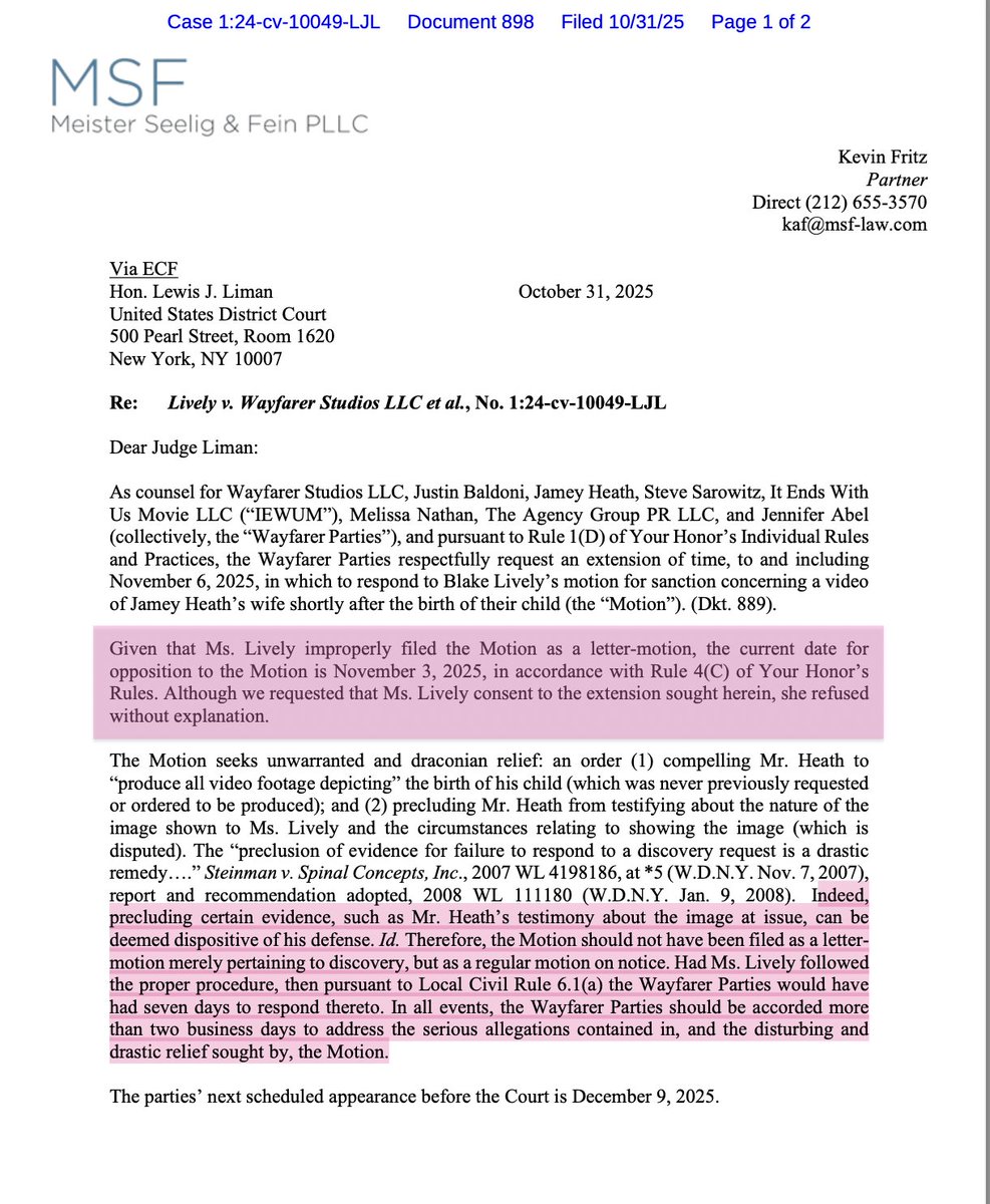 🚨Shots Fired!🔥 Wayfarer asks for extension of time to respond to Lively's improper letter motion for sanctions concerning a video of Jamey Heath’s wife shortly after the birth of their child.🚨

"Therefore, the Motion should not have been filed as a letter-motion merely