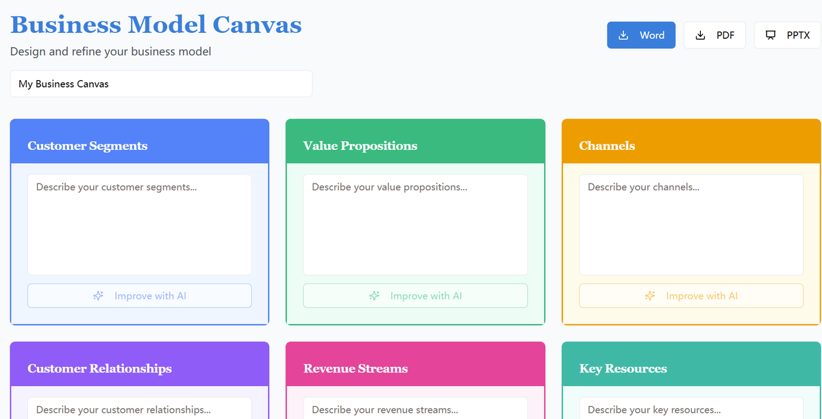 Genes's tweet photo. This tool is great. It's easy to map out business canvas at https://t.co/bPT6PY0G7C,  edit, download (PDF or Word, or PPTX) and it’s totally free. https://t.co/pl1yfAFWli