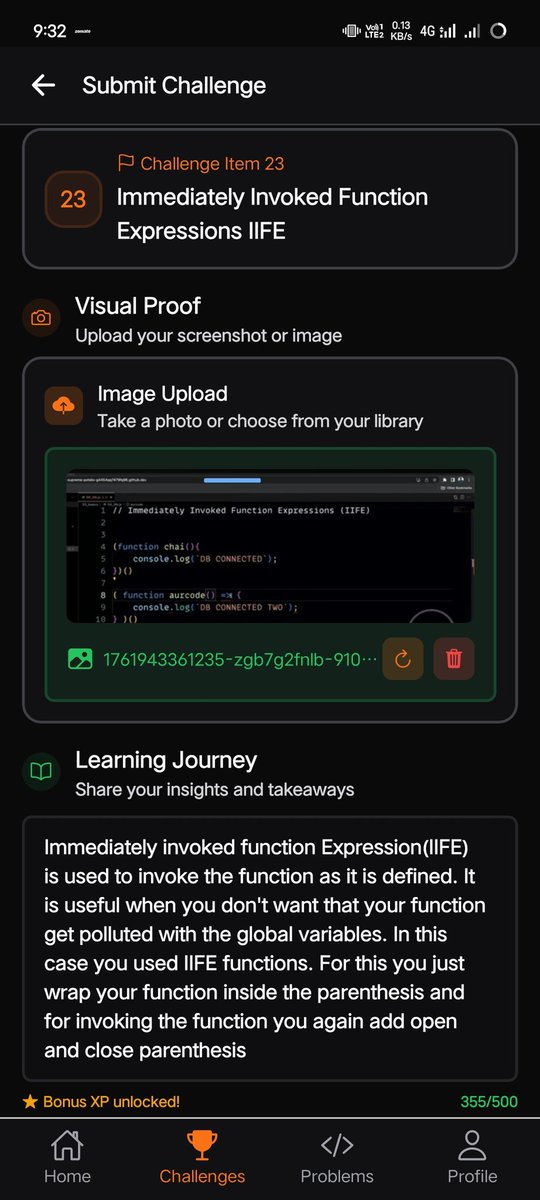 #Day23 of #25DaysJSChallenge on masterji app.
Topic : IIFE and there usecase 
<a href="/Hiteshdotcom/">Hitesh Choudhary</a>
<a href="/ChaiCodeHQ/">Chai Aur Code</a> 
Now 2 more days to go... 💪😁 #MasterJi #javascriptframeworks