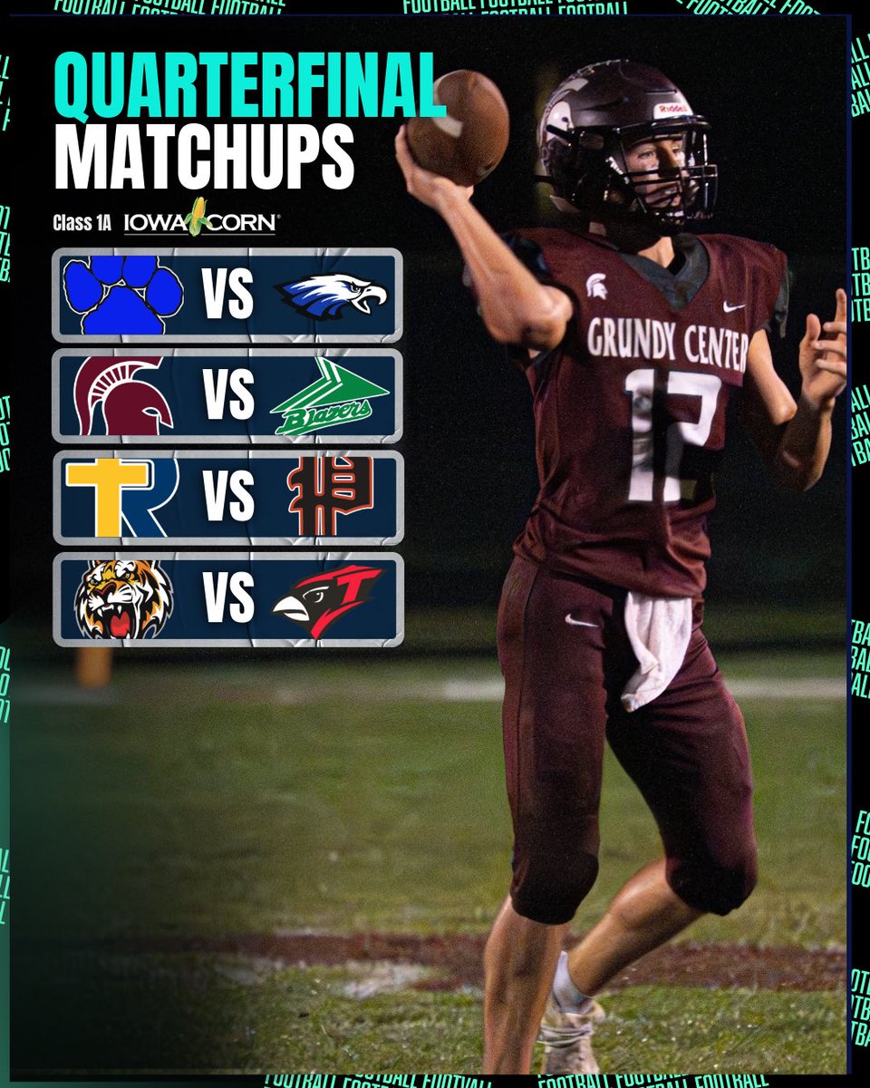 CLASS 1A QUARTERFINAL MATCHUPS 🔥

West Lyon vs Underwood
Grundy Center vs Beckman Catholic
Regina vs Pleasantville
South Hardin vs Treynor

#iahsfb Davin Bakerink