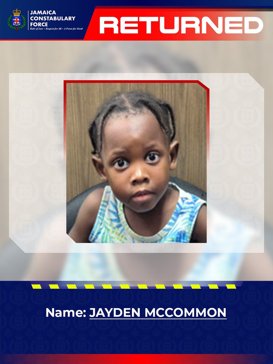 Jayden McCommon, who was found wandering along Border Avenue, Kingston 19, earlier today, has been reunited with his family.

The Constant Spring Police would like to thank all those who shared the message and helped Jayden return home safely.