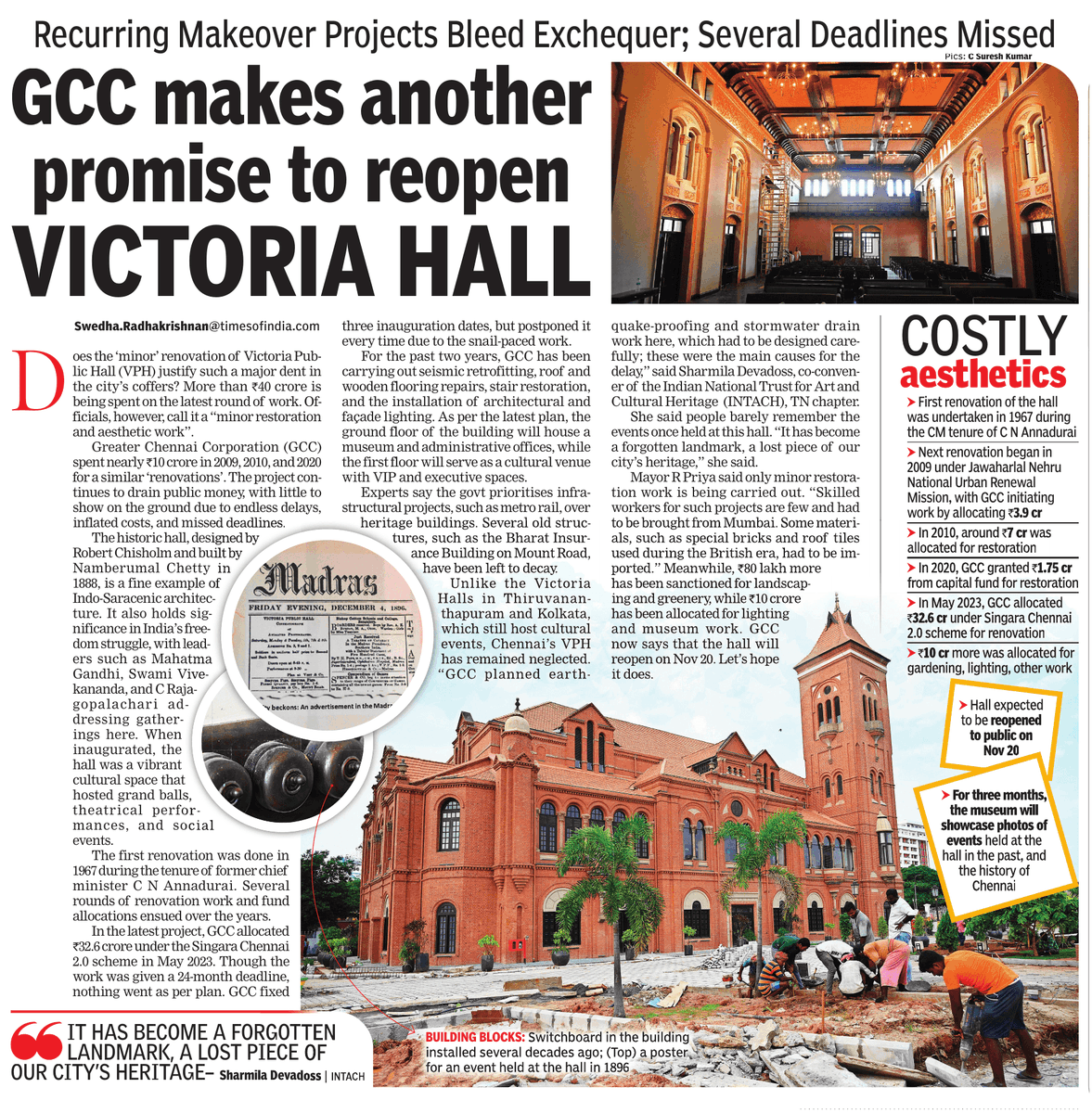 Chennai’s iconic Victoria Public Hall remains shut despite ₹40+ crore spent over years on repeated “minor restorations.” GCC now says the hall will reopen on Nov 20, with a museum to follow <a href="/chennaicorp/">Greater Chennai Corporation</a> <a href="/CMOTamilnadu/">CMOTamilNadu</a>