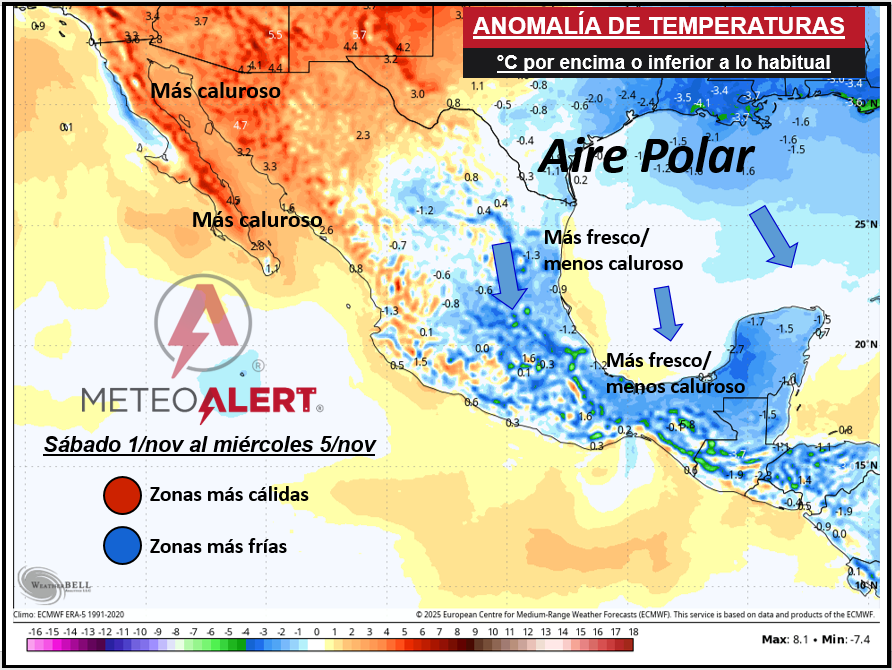 InfoMeteoro's tweet photo. ⚠️ADVERTENCIA: #FrenteFrío12 y Aire Polar

💠Sábado a domingo cruzará el frente norte, noreste, centro, oriente y sureste, seguido de aire polar

⛈️LLUVIAS: oriente y sureste, además del centro-sur (Pacífico) con tormentas aisladas

🌡️TEMPERATURAS: se refrescará, resaltando Altiplano con frío nocturno, que se fortalecerá próxima semana con mínimas de -5 a 5°C, extremas cercanas a -10°C

🌬️VIENTO: evento "Norte" de 60-90 km/h en el Golfo de México, superior en Tehuantepec. En el Altiplano del Bajío a Valle de México, domingo con 40-65 km/h