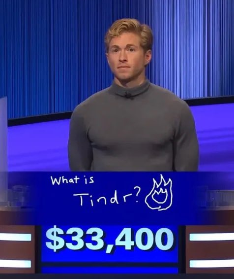 spinningturn's tweet photo. I hate gay halloween what do you mean you’re Drew Goins misspelling Tinder like it’s Grindr in final jeopardy https://t.co/mSLznkNudh