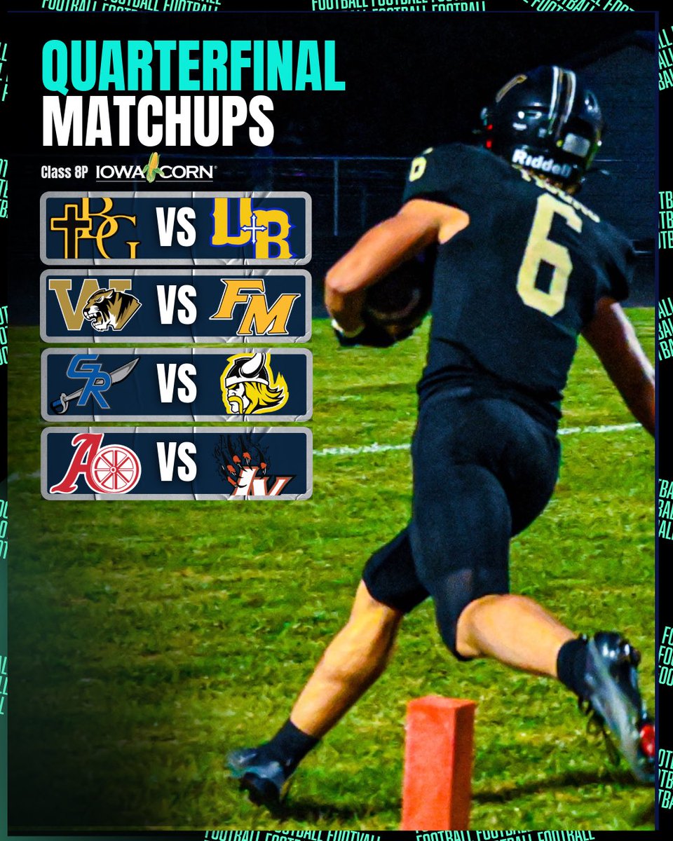 CLASS 8P QUARTERFINAL MATCHUPS 🔥

Bishop Garrigan vs Don Bosco
Woodbine vs Fremont-Mills
Gladbrook-Reinbeck vs Edgewood-Coles.
Audubon vs Iowa Valley

#iahsfb N.Sphotography22