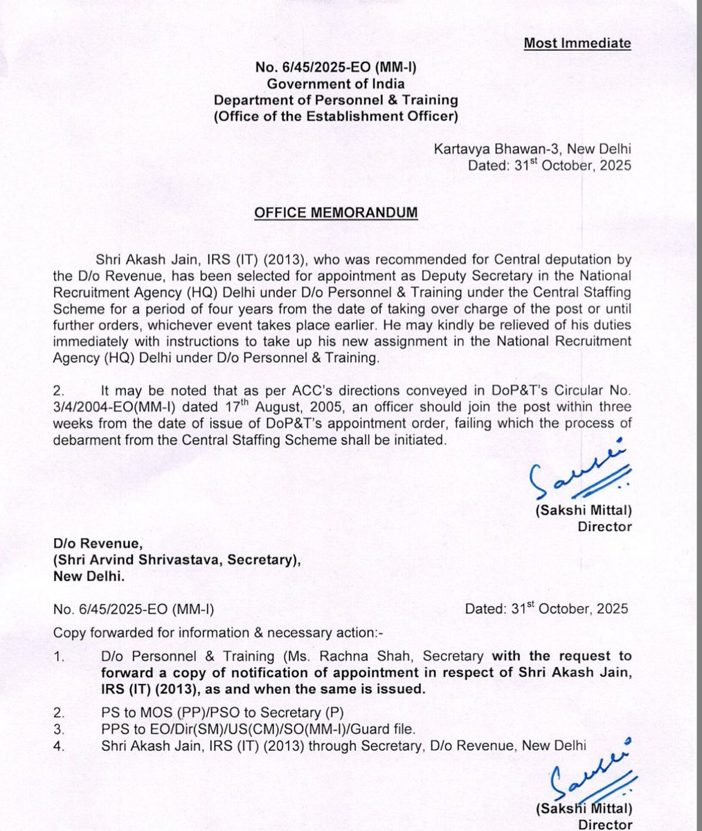 BITransferPosting Akash Jain, IRS (IT) 2013 batch, has been appointed as  Deputy Secretary in the National Recruitment Agency (HQ), Delhi, under the  Department of Personnel & Training. He will serve on Central