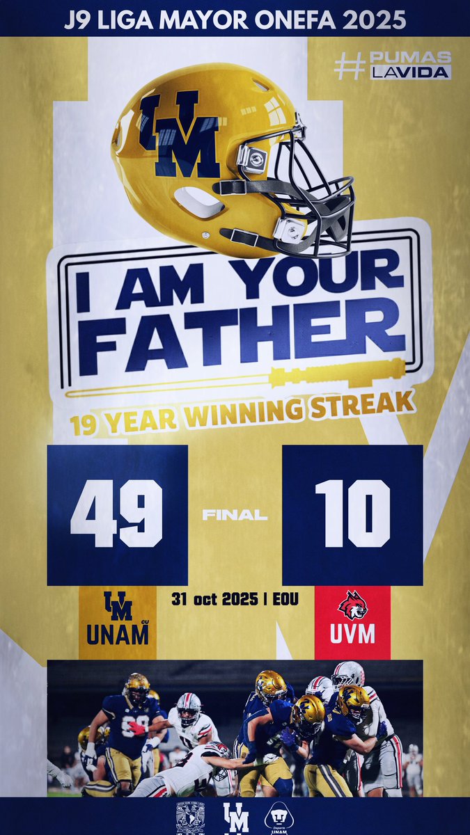 ¡Hoy ganó PUMAS DE UNIVERSIDAD!

📅 J9 Liga Mayor ONEFA 2025 |

MARCADOR FINAL
UNAM 49 – 10 UVM
  
🏟️ Estadio Olímpico Universitario 
 
En 19 enfrentamientos oficiales, los Linces UVM nunca han vencido a los PUMAS CU <a href="/PumasCU_fba/">Pumas CU FBA</a> en LIGA MAYOR.

¡Nunca! Ni una sola vez.  

Hoy,