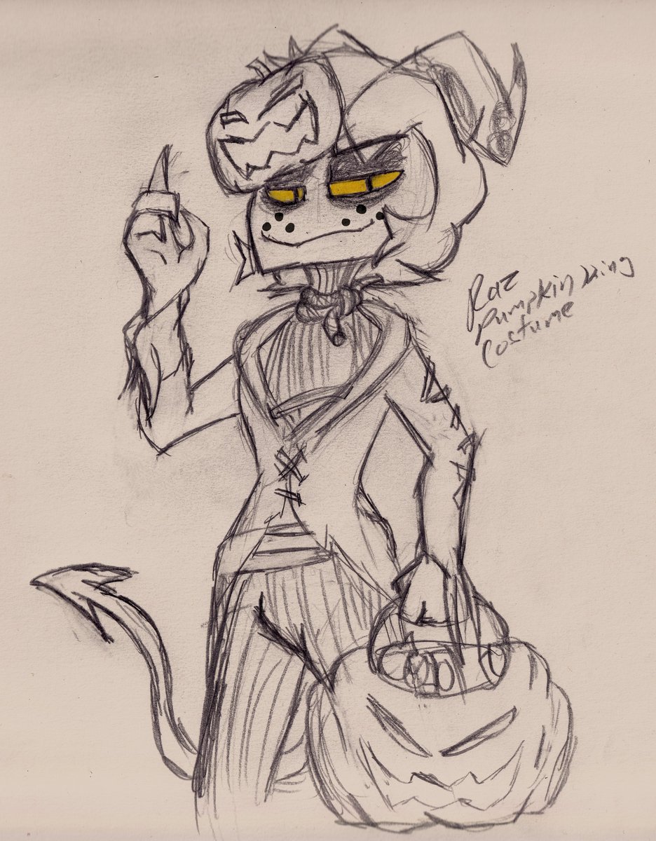 Tablet pen decided to take a dive so I dug out my old sketchbook.

My imp Raz, in a Pumpkin King costume.