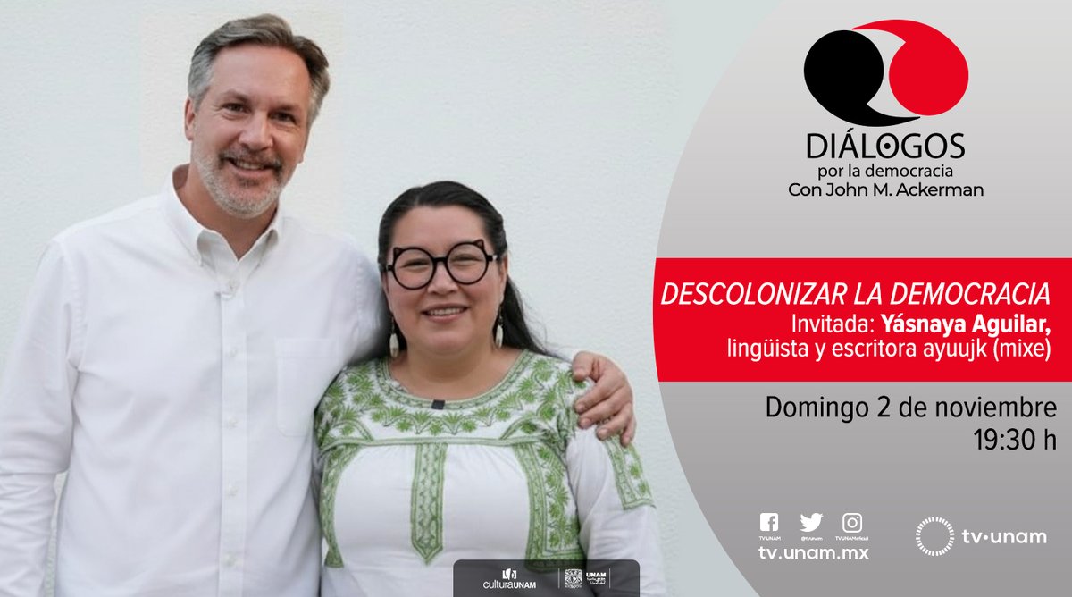 La lingüista y escritora ayuujk Yásnaya Aguilar conversa con <a href="/JohnMAckerman/">John M. Ackerman</a> sobre los pueblos indígenas y los retos que enfrentan en nuestro país.

#DiálogosPorLaDemocracia🤜
📺Domingo 2 de noviembre, 19:30 h.👉bit.ly/48YuJry