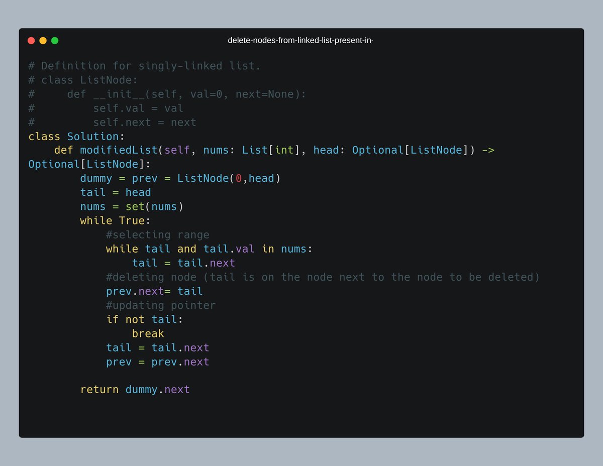piyushmalik34's tweet image. Day 29 of #100daysofcoding: 🔧 Solved "Delete Nodes From Linked List Present In Array"!
🚀 Uses a set for fast lookups, scans the list to remove nodes in O(n) time
🧠 Space: O(n) for the set, Time: O(n) overall — efficient and clean! #learninpublic