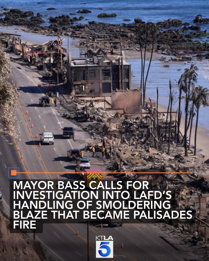 KTLA's tweet image. L.A. Mayor Karen Bass is calling for an investigation into the Lachman Fire after a Los Angeles Times report indicated that firefighters were ordered to abandon the smoldering underground fire that later became the Palisades Fire.
Details: ktla.com/news/local-new…