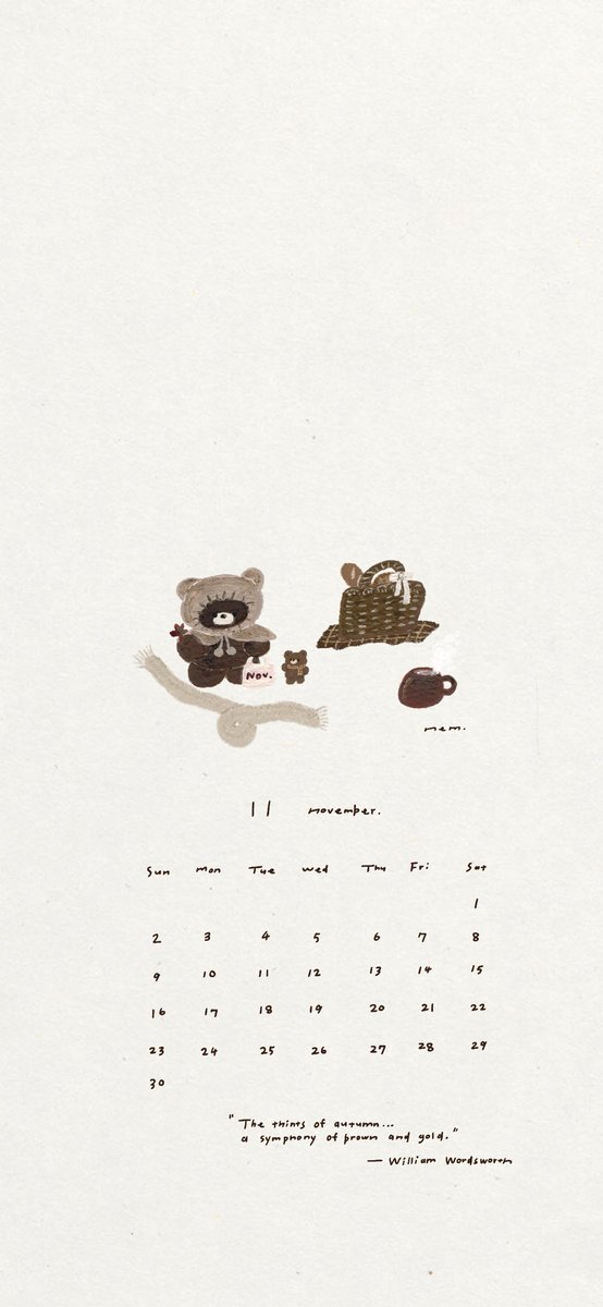 poche_ted's tweet photo. 11月のカレンダーを描きました🧺
待ち受けにお使いください💭

印刷して壁に貼るなどしていただいてもいいです🫖
SNSのアイコンにもどうぞ。
秋の名言を添えています。

※個人の範囲内でお楽しみください。

#待ち受けカレンダー #11月のカレンダー https://t.co/EatQLNS6Vw