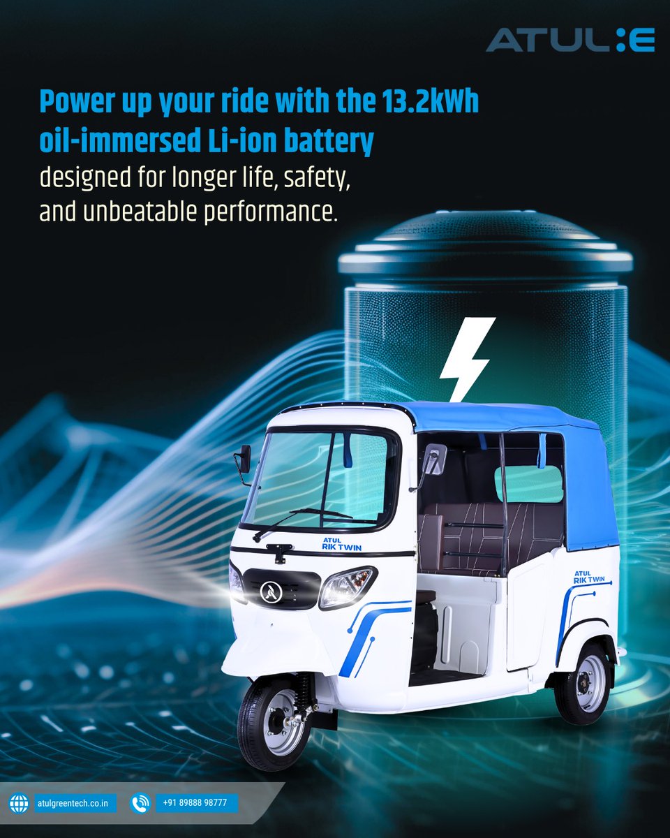 AtulGreentech's tweet image. Atul Greentech’s 13.2kWh oil-immersed Li-ion battery is engineered for reliability and endurance. Designed to handle high temperatures and long routes, it ensures smoother performance and extended battery life — a truly powerful move.

#AtulGreentech #SmartMove #EVPerformance