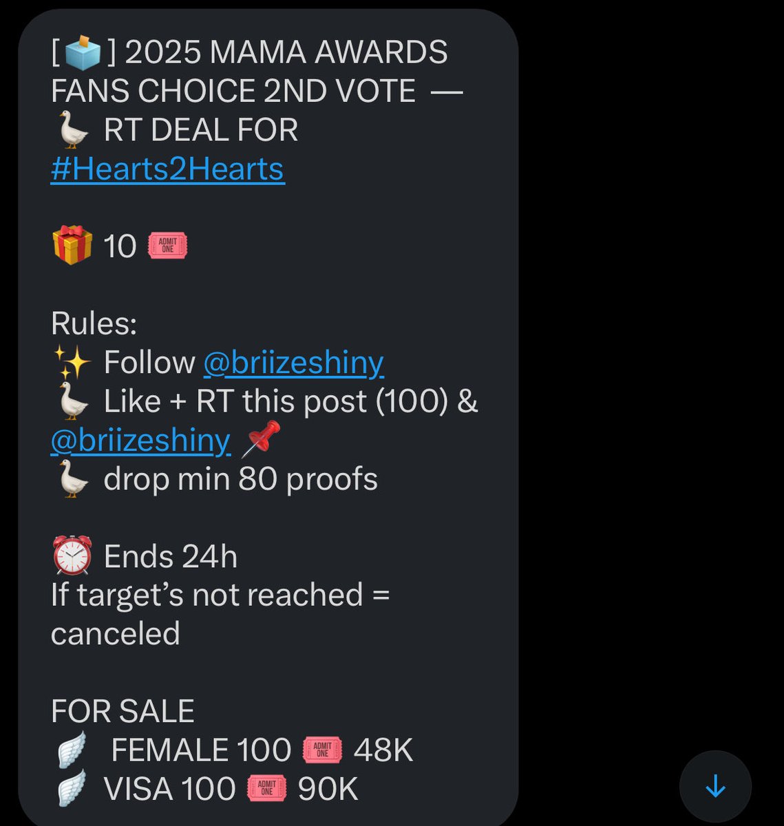 palmsugars06's tweet photo. [🗳] 2025 MAMA AWARDS FANS CHOICE 2ND VOTE  — 🪿 RT DEAL FOR #Hearts2Hearts      

🎁 10 🎟
 
Rules:
✨ Follow @briizeshiny
🪿 Like + RT this post (100) &amp; @briizeshiny 📌
🪿 drop min 80 proofs

⏰ Ends 24h
If target’s not reached = canceled

#Hearts2Hearts #2025MAMAVOTE https://t.co/KkksWPB06T