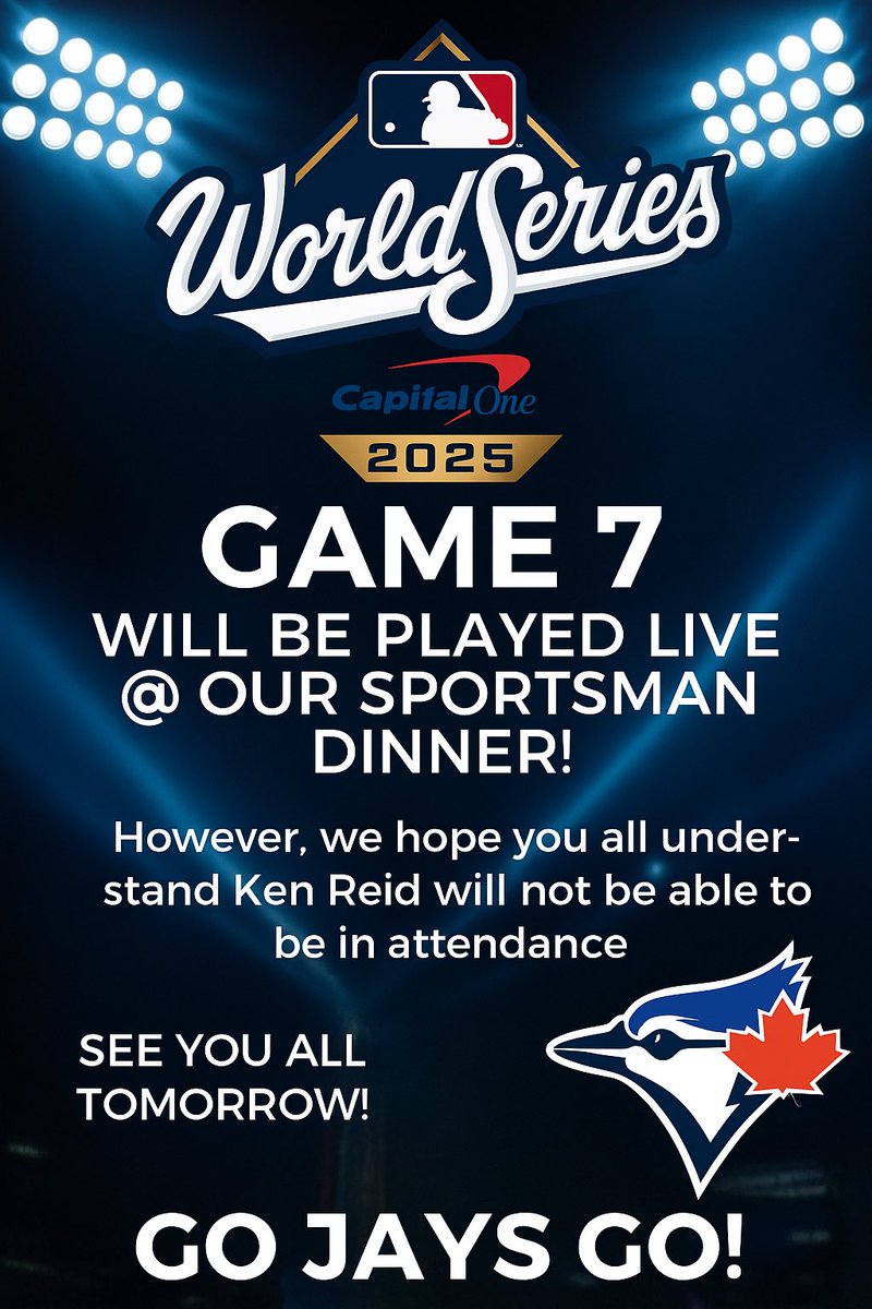 MacklinMohawks1's tweet photo. ⁦The game will be on tomorrow, but we are unfortunately down one speaker!  Ken Reid is needed more in Toronto.  However Terry Ryan “Hitch” will be Terrific &amp; Let’s go BlueJays! https://t.co/1CZXywCnsI