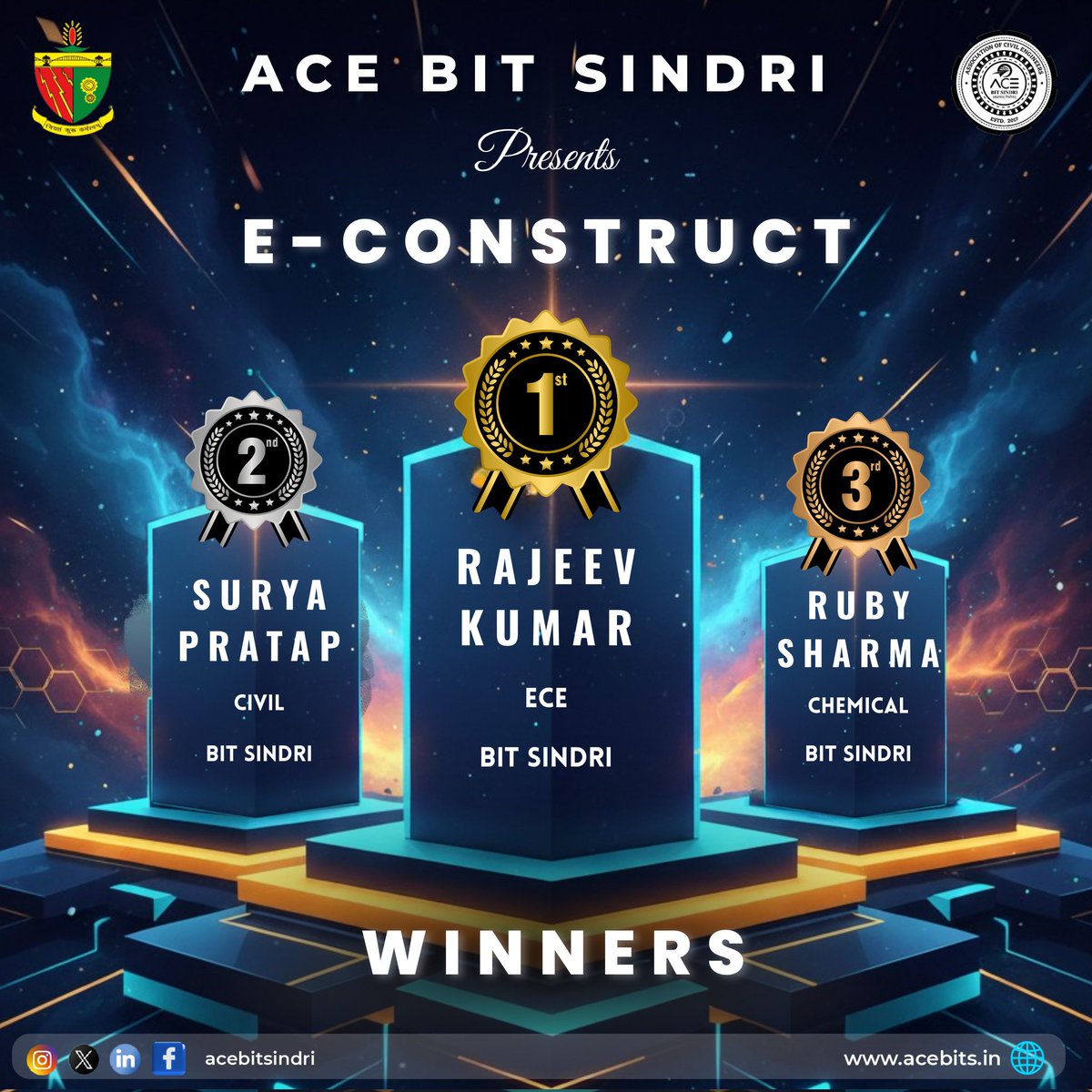 AceSindri's tweet image. We’re excited to announce the winners of E-Construct, organized by the Association of Civil Engineers, BIT Sindri! 
🥇 Rajeev Kumar
🥈 Surya Pratap
🥉 Ruby Sharma
#acebits
#bitsindri 
#econstruct