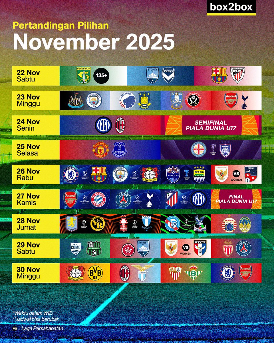 Box2BoxBola's tweet photo. JADWAL BOLA BULAN NOVEMBER 🫵🏻🔥

SATU BULAN LAGI SUDAH MAU AKHIR TAHUN! BOLA JUGA GAK KALAH SERU 🙌🏻

SIMPAN DAN SHARE POSTINGAN INI 🙌🏻 https://t.co/jXBUkxOPD5