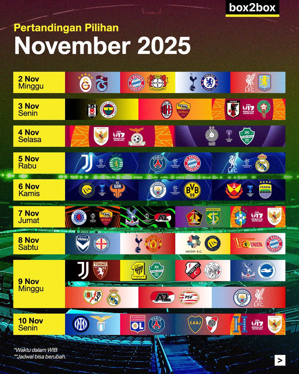 Box2BoxBola's tweet photo. JADWAL BOLA BULAN NOVEMBER 🫵🏻🔥

SATU BULAN LAGI SUDAH MAU AKHIR TAHUN! BOLA JUGA GAK KALAH SERU 🙌🏻

SIMPAN DAN SHARE POSTINGAN INI 🙌🏻 https://t.co/jXBUkxOPD5