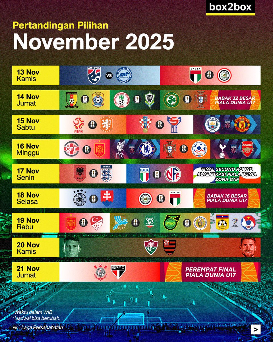 Box2BoxBola's tweet photo. JADWAL BOLA BULAN NOVEMBER 🫵🏻🔥

SATU BULAN LAGI SUDAH MAU AKHIR TAHUN! BOLA JUGA GAK KALAH SERU 🙌🏻

SIMPAN DAN SHARE POSTINGAN INI 🙌🏻 https://t.co/jXBUkxOPD5