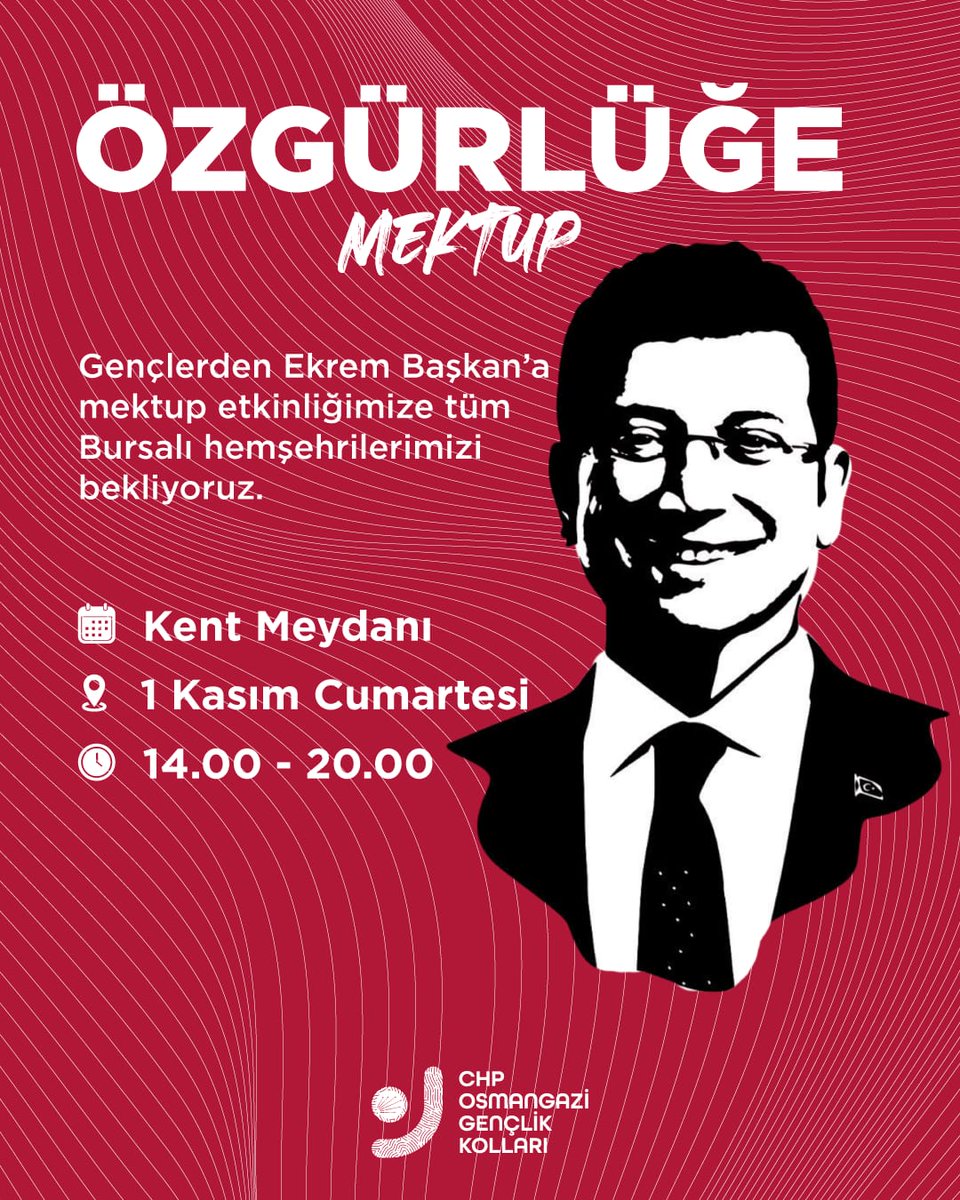 1 Kasım Cumartesi günü özgürlüğün sesi Bursa’da yankılanıyor!
Kent Meydanı’nda kurduğumuz standda, gençler Ekrem Başkan’a mektuplarını yazarak özgür yarınlara dair umutlarını paylaşıyor.

#ÖzgürlüğeMektup #CHPGençlik #OsmangaziGençlik #Ekremİmamoğlu #CumhuriyetinGençleri