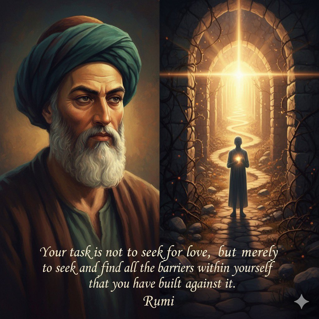 DrObeidat's tweet image. #SelfReflection #InnerWork #PersonalGrowth #Rumi #Mindset
#DrAnwarObeidat 

Good morning 😃 

Stop chasing. Start removing the walls (fear, doubt, perfectionism) you built. 

The love ❤️, connection, and opportunity you seek are waiting for you to get out of your own way!

Have a…