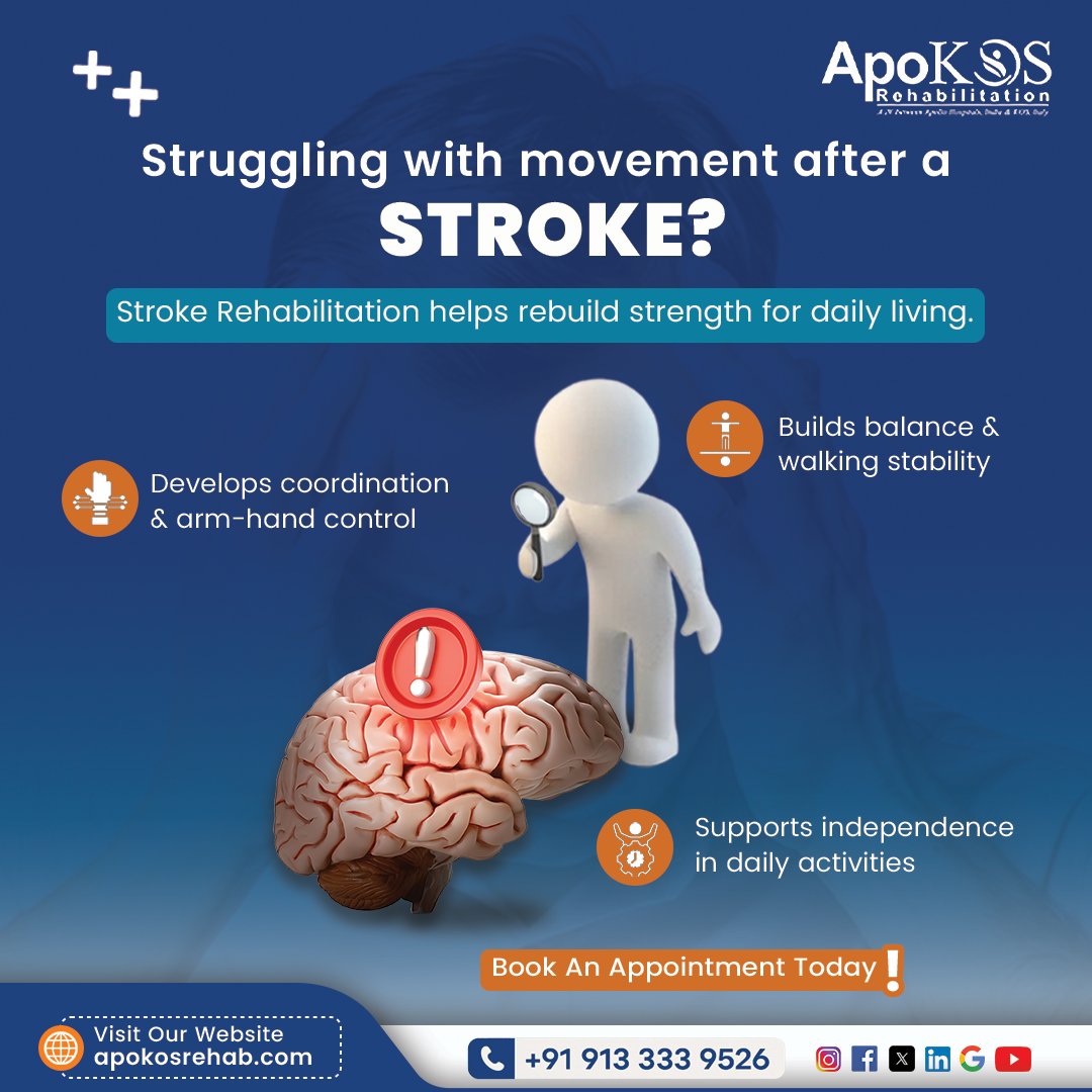 ApoKOSRe's tweet image. @ApoKOSRe's Stroke Rehab improves strength, coordination & balance, helping individuals move confidently & live independently.
📞 +91 913 333 9526
🌐 apokosrehab.com
.
.
.
#ApoKOSRehab #StrokeRehabilitation #StrokeRecovery #NeuroRehab #Rehabilitation #Therapy #Healthcare