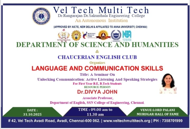 VelMultitech99's tweet image. The Department of CSE organized a seminar on “Unlocking Communication: Active Listening and Speaking Strategies” for first-year students. Dr. Divya John from SSN College of Engineering shared valuable insights to help students enhance their communication skills. #VelTechMultiTech