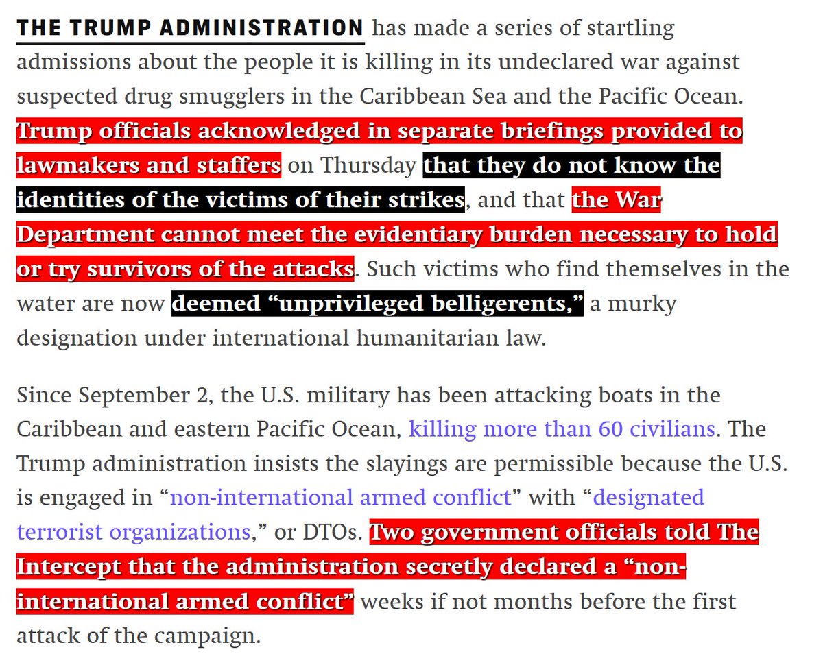 The US war on Venezuela is a terrorist war on civilians:

Trump admin officials acknowledged that they do not know the identities of the victims of their military attacks in the Caribbean &amp; eastern Pacific.

The US War Department has no evidence.

Source: theintercept.com/2025/10/31/tru…