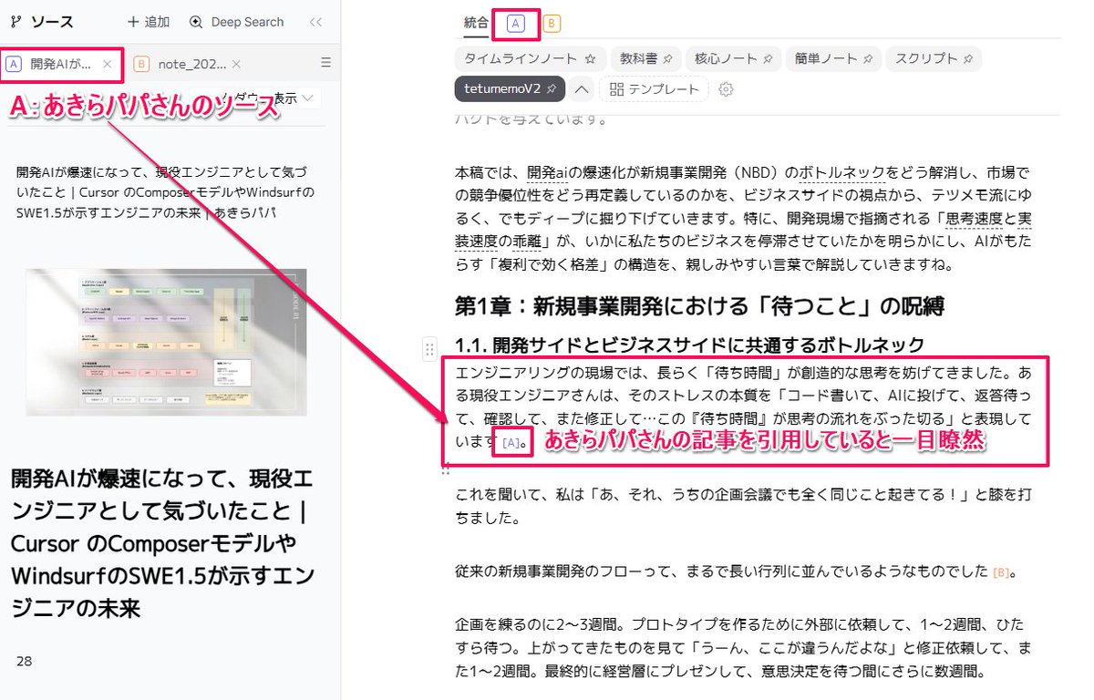 tetumemo's tweet photo. 📝note記事を書くなら私はLilysAIを推したい

・ 複数ソースを統合して1本の画像つき記事として仕上げてくれる。
・しかも、引用したソースが明確になっているので透明性が高い！
・使い方が簡単でこのツール一つでOK

LilysAIの基本的な使い方は、YouTubeやWebサイトのURLを投げると内容を要約してくれるサービス。
一見、NotebookLMで十分じゃね？って���りそうですが、活用方法がしっかり分かれます。

✅️NotebookLMはRAG的な使い方に強い
カスタム設定でブログ記事も書かせられますが、エクスポートや編集などは微妙…

✅LilysAIは情報共有やコンテンツ生成に強い
RAG的にも使えますが、あくまで自分専用の用途がメイン。ただAIエージェントが搭載されているのでソース情報の掘り下げ、分析、様々なアウトプットへの変換力はピカイチです。

で、今回はLilysAIを使い、note記事を執筆しました。　

ソースAはあきらパパさんのnote記事
ソースBは私が考えたビジネスサイド側の意見（約2,000文字）

AとBをLilysAIに投げ、
「ソースBを骨子として、ソースAの内容を引用しつつ、開発サイド、ビジネスサイド両方の視点の記事として仕上げてほしい」と依頼

その際、カスタムプロンプトで私の執筆スタイルを読み込ませているので、自然な記事が画像付き完成する。　

画像が足りない場合は、そのセクションを選択して指示すればサクサク画像が追加される。

LilysAI側で完成したら全文コピーしてnoteへ貼付け
H1、H2、箇条書きなどマークアップが忠実に反映する

あとはLilysAI側で、どのソースを引用したのかを確認できるので、note記事側で「これが引用だよ」って修正する。　　

最終仕上げて全文チェックして加筆修正する　　

結果、約8,000文字の記事が15分くらいで仕上がりました。

これは、仕上がった「早さ」に注目するのではなく���noteという記事の内容を理解しつつ自分の意見と一緒にコンテンツを融合させ、元記事を適切に引用させながら発展的な記事が生み出せたということです。

記事の執筆方法として、感化されたコンテンツについては、引用型もオススメします。

内容を引用しつつ、さらに新しい価値を付与して、執筆することで自分の理解も深まります。
そしてあわせて拡散することで様々な視点を広く提供することも出来ます。

この執筆方法はAIが無い時代は非常に労力のかかる、半日レベルの内容でしたが、これもAIツールのおかげて時間を短縮して、より早く新しいコンテンツを届けることが出来ました。

CursorやManusなど他ツールでも似たようなことが出来ますが、今回はあえてLilysAIをフル活用

詳細は次回発行のニュースレターで紹介する予定です！

お���しみに♪