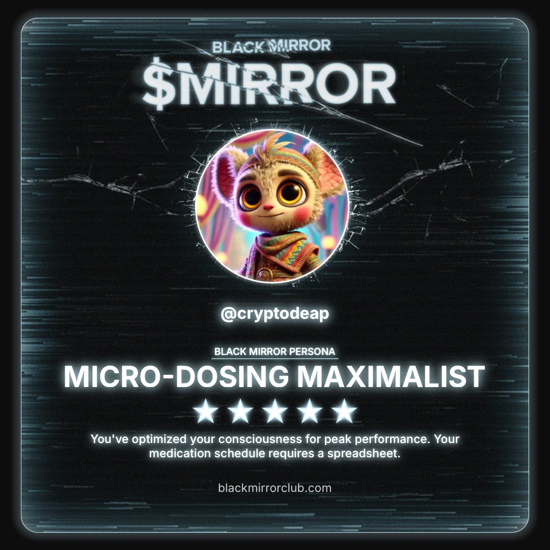 cryptodeap's tweet image. Scanned and processed. The algorithm judged me.
Discover your Black Mirror Persona by @blackmirror_xp and claim yours now.
loyalty.blackmirrorclub.com/loyalty