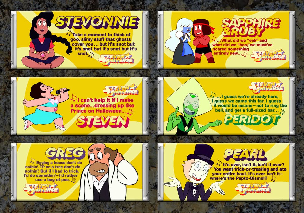 Unique Halloween chocolate bars that Rebecca Sugar and her dad used to give out on Halloween night (2013, 2015, 2016)

#StevenUniverse #Halloween