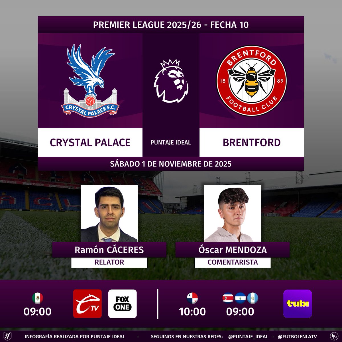 ⚽ #PremierLeague 🏴󠁧󠁢󠁥󠁮󠁧󠁿 | #CrystalPalace vs. #Brentford 
🎙 Relator: <a href="/reymonero/">Ramón Cáceres</a>
🎙 Comentarista: <a href="/oscarmendoza02/">Oscar Mendoza</a> 
💻📱 <a href="/somos_FOX/">FOX</a> en #CalienteTV y #FoxOne 🇲🇽
💻📱 <a href="/tubi_mx/">Tubi México</a> Centroamérica 
🤳 #FOXestaCaliente - #CRYBRE  
Dale RT 🔃
