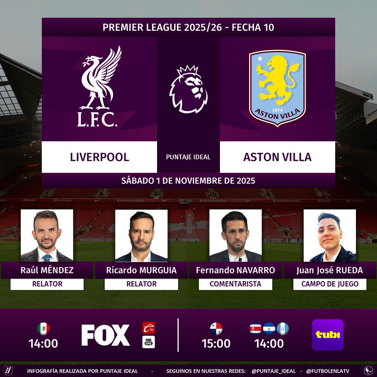 Puntaje_Ideal's tweet photo. ⚽ #PremierLeague 🏴󠁧󠁢󠁥󠁮󠁧󠁿 | #Liverpool vs. #AstonVilla 
🎙 Relatores: @raulmendezg - @RICARDOMURGUIA
🎙 Comentarista: @5FerNavarro
🎙 Campo de juego: @JuanJRueda
📺 @somos_FOX 🇲🇽
💻📱 #CalienteTV y #FoxOne 🇲🇽 - @tubi_mx Centroamérica
🤳 #FOXestaCaliente - #LIVAVL 
Dale RT 🔃 https://t.co/tj7FLEKeUu