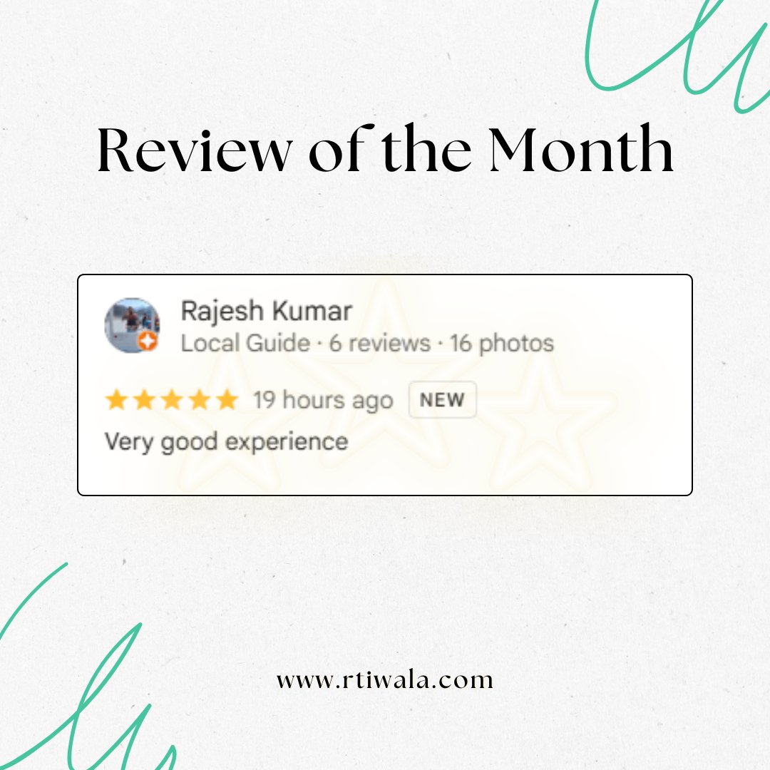RTIwala's tweet image. 🚀Review of the Month – #RTIwala

💜 “Very good experience.” — Rajesh Kumar Ji

🌟 Thank you, Rajesh Ji, for trusting us with your case. Your satisfaction inspires us to keep improving every day.

Call us: +91-7999-50-6996 now!

#CustomerExperience #Feedback #Trust #StartupIndia