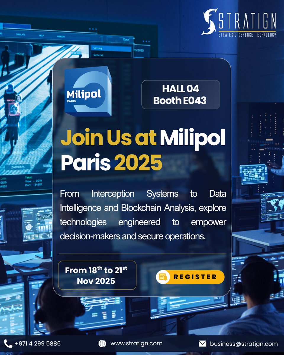 stratign's tweet photo. Visit 𝐁𝐨𝐨𝐭𝐡 𝐄𝟎𝟒𝟑 at Milipol Paris 𝟐𝟎𝟐𝟓 to explore Stratign’s platforms for 𝐂𝐞𝐥𝐥𝐮𝐥𝐚𝐫 𝐚𝐧𝐝 𝐒𝐚𝐭𝐞𝐥𝐥𝐢𝐭𝐞 𝐈𝐧𝐭𝐞𝐫𝐜𝐞𝐩𝐭𝐢𝐨𝐧, 𝐉𝐚𝐦𝐦𝐢𝐧𝐠, 𝐄𝐋𝐈𝐍𝐓, 𝐃𝐚𝐭𝐚 𝐈𝐧𝐭𝐞𝐥𝐥𝐢𝐠𝐞𝐧𝐜𝐞, 𝐁𝐥𝐨𝐜𝐤𝐜𝐡𝐚𝐢𝐧 𝐀𝐧𝐚𝐥𝐲𝐭𝐢𝐜𝐬 and more... https://t.co/9lFs8YHQWf