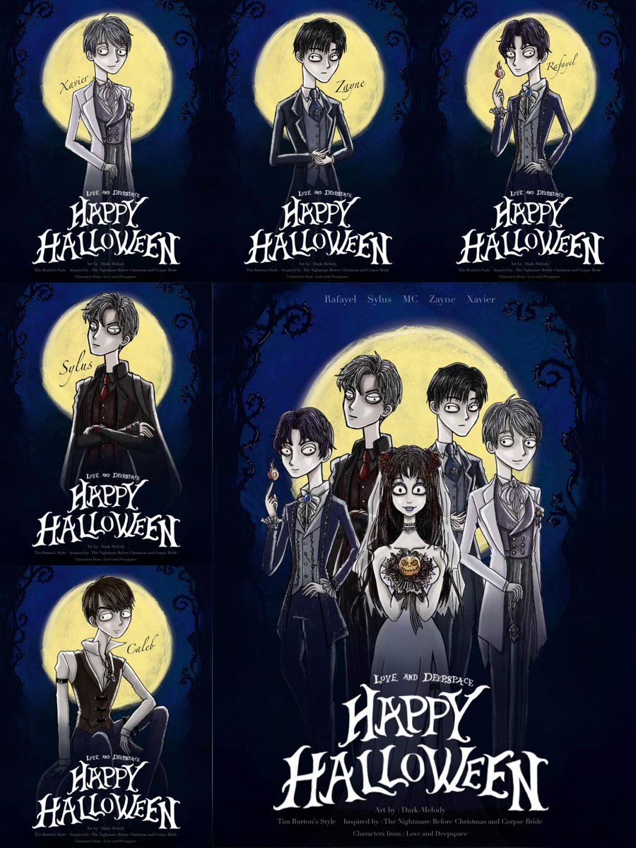 Alice_Melodia's tweet photo. A Halloween fan art I drew last year in a Tim Burton–inspired style 🎃 Caleb hadn’t debuted at the time, so he’s not in the group! 🖤

ภาพฮัลโลวีนที่วาดปีที่แล้วค่าา (แต่ไม่ได้ลงในนี้) ปีที่แล้วพี่จ๋ายังไม่มาก็เลยไม่ได้อยู่ในภาพรวมค่ะ
#LoveandDeepspace #loveanddeepspacefanart https://t.co/PD1lqF3xd0