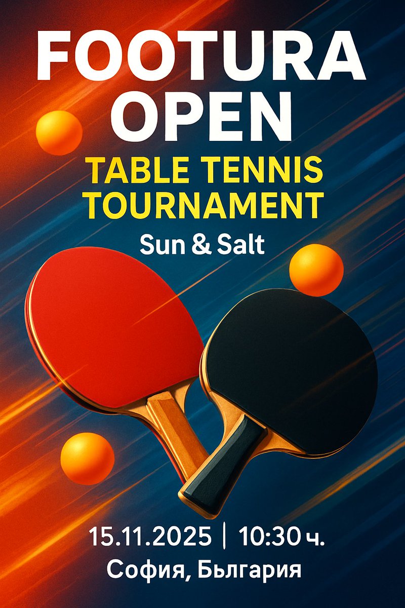 🔥FOOTURA OPEN ТЕНИС НА МАСА ТУРНИР! 🔥
Готови ли сте за най-вълнуващия любителски турнир по тенис на маса? 🏓
Много тенис и оспорвани мачове
Страхотна атмосфера и нови приятелства
МНОГО НАГРАДИ за победителите и участниците!
fb.me/e/5aOeB3FSH
#FooturaOpen #ТенисНаМаса