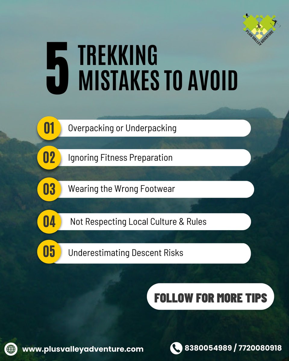 PlusValley's tweet photo. Don’t let simple mistakes ruin
your trek!
Here are 5 trekking mistakes to avoid for a safer &amp;
more enjoyable adventure. 🌄✨

#trekkingtips #hikingindia #plusvalleyadventure
#adventureawaits #treksmart #ExploreWithPlusValley
#TrekkingSafety #HikingMistakes #AdventureTips https://t.co/YECJC7wHXC