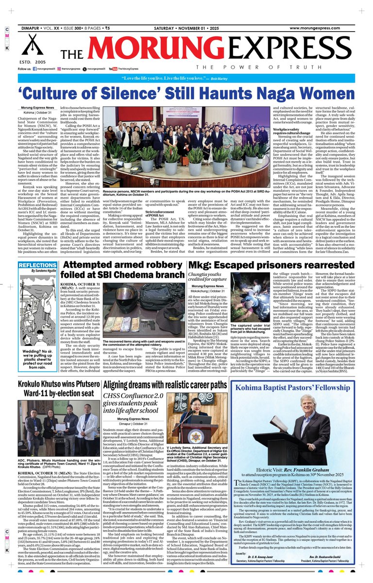 The Morung Express, Dimapur, Nagaland 
#FrontPage November 1...
Visit morungexpress.com to read in detail…