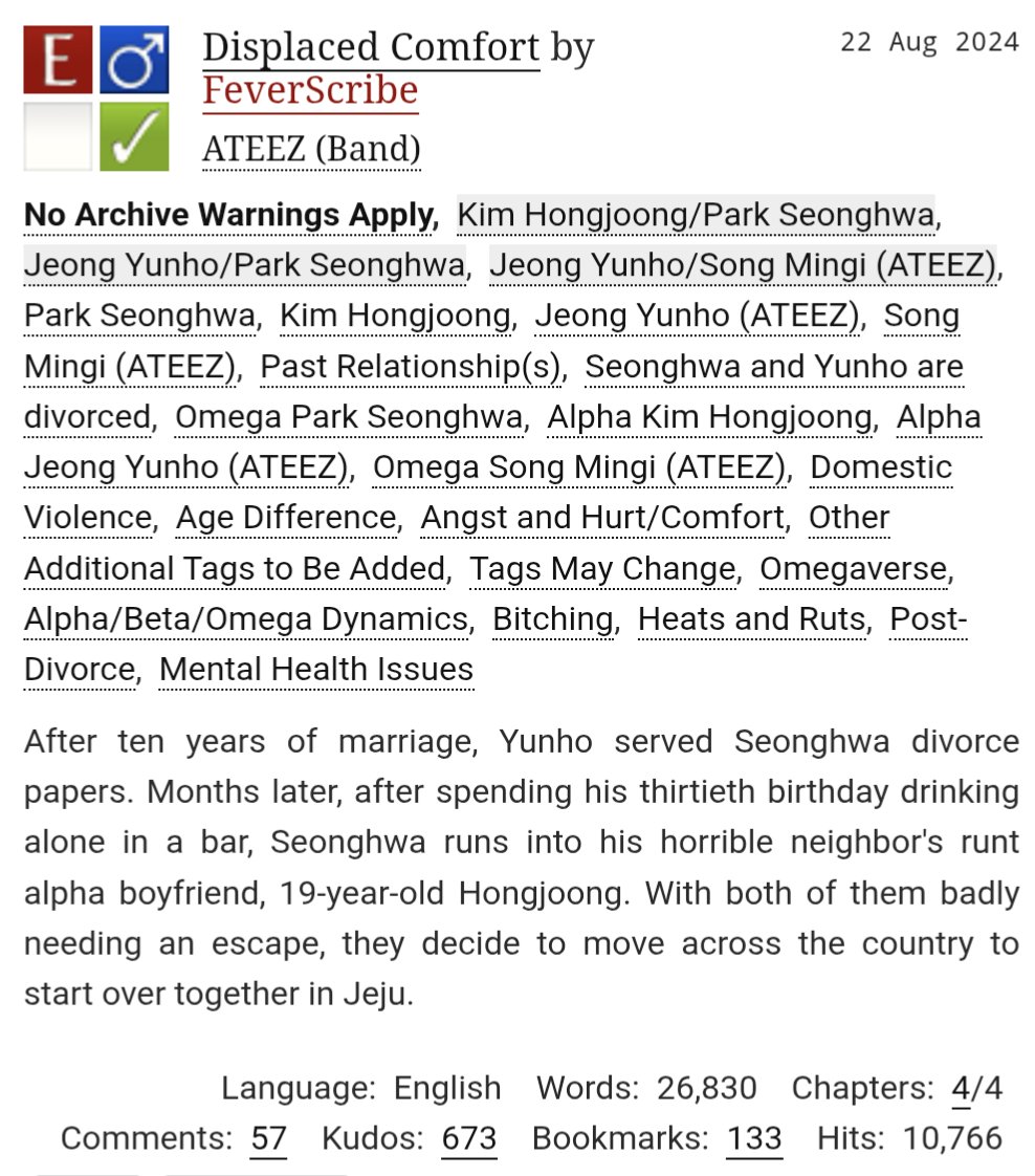 FeverScribe's tweet photo. #3. Displaced Comfort

❤️‍🔥 M4tz, past Yvnhw4, Yvngi
❤️‍🔥 Omegaverse
❤️‍🔥 Abusive relationship (referenced)
❤️‍🔥 Age gap
❤️‍🔥 Mental health issues
❤️‍🔥 26k
❤️‍🔥 Complete
https://t.co/Ta7rbLjCTQ https://t.co/WdLEcn1x8z