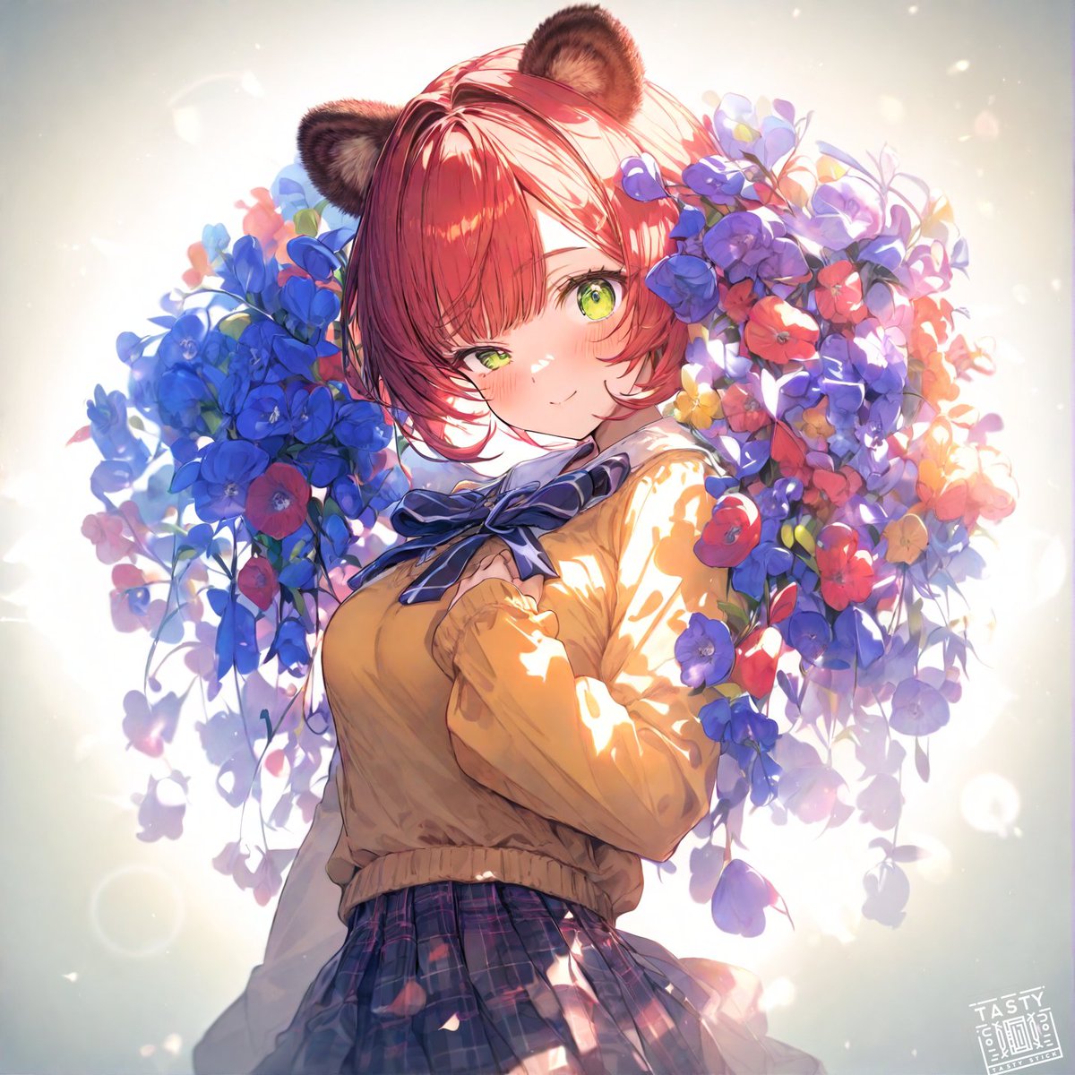 ⏰おはようございます。
11/4　ビオラ
「小さな花でも、笑顔を届けられるね😊」
黄色のセーターとチェックのスカート

今日は市内ですが外出です🥲
今日も一日、良い日でお過ごしください。
#AI今日の花 #AI今日のコーデ