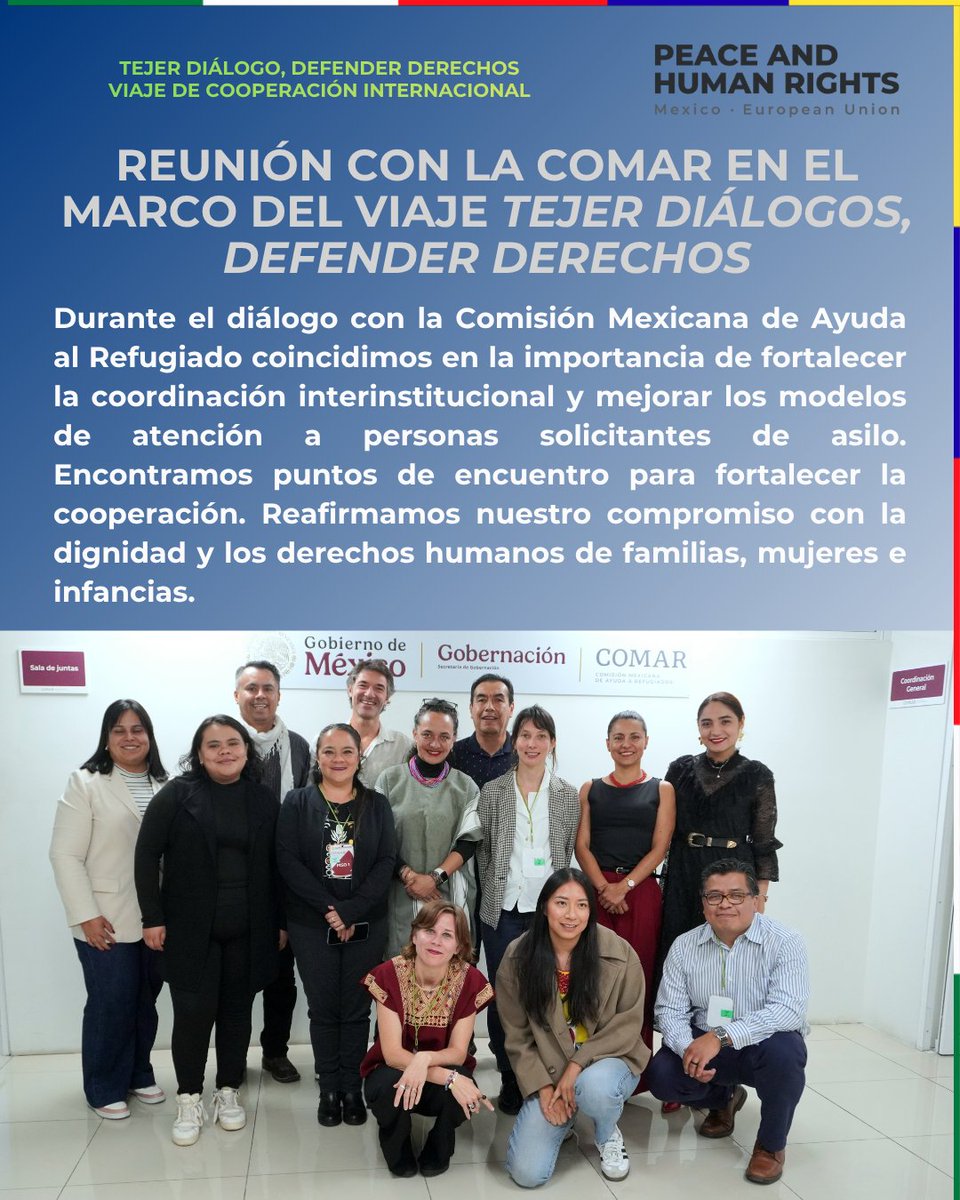 🤝 Nos reunimos con la <a href="/comar_sg/">Comisión Mexicana de Ayuda a Refugiados</a>
para dialogar sobre retos en materia de refugio y atención a personas solicitantes de asilo.

🌍 Identificamos puntos de encuentro entre los contextos europeos y mexicanos para fortalecer la cooperación en derechos humanos.

#CooperaciónMxUE