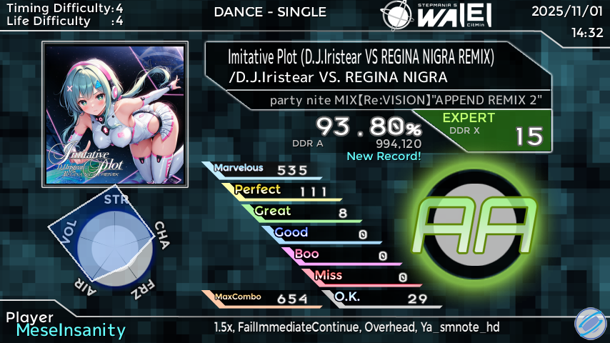 Mese_Insanity's tweet photo. StepManiaで「Imitative Plot (D.J.Iristear VS REGINA NIGRA REMIX)」をプレイしました！ スコア：93.80% #SMResult
まさかこんな日が来るなんてなぁ……。 https://t.co/Uehd72obAJ