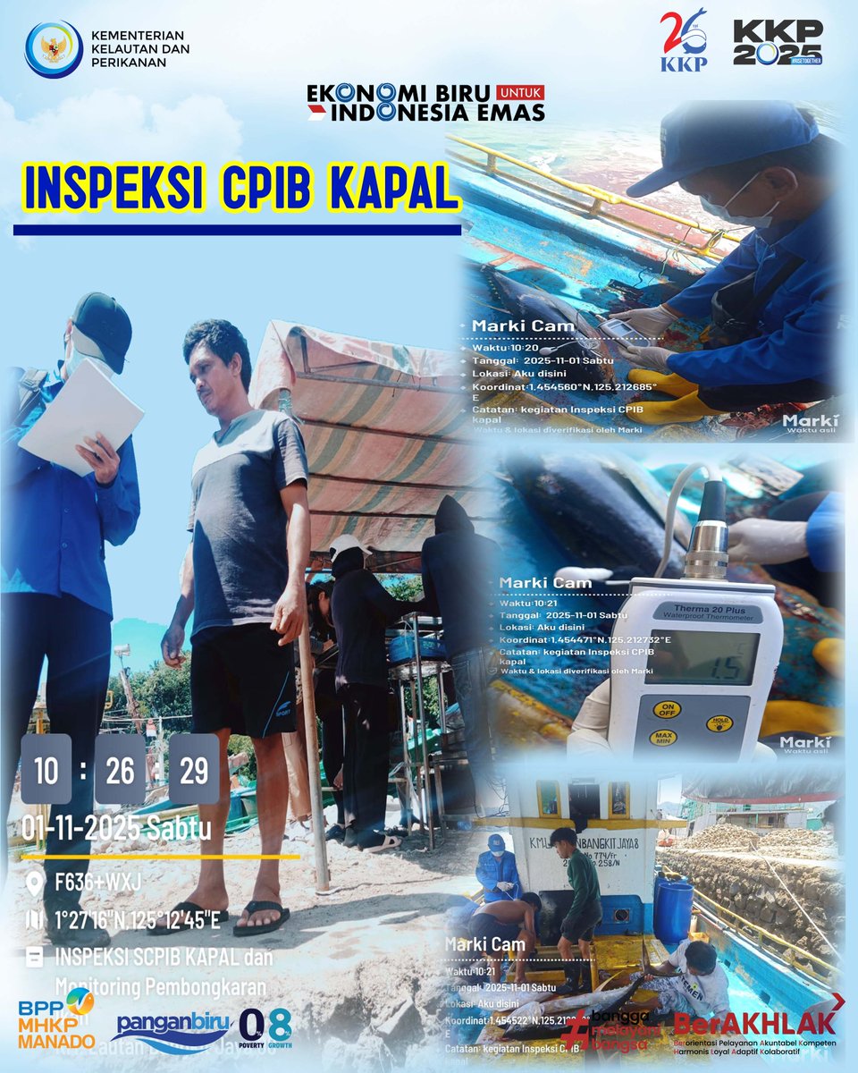 BPPMHKP_Manado's tweet photo. Hai #sahabatbahari Pada Hari Sabtu, 1 November 2025, Tim Inspektur Mutu BPPMHKP Manado melaksanakan Inspeksi CPIB Kapal yang Ke-70 pada tahun 2025. Kegiatan Inspeksi CPIB Kapal bertujuan memastikan penerapan standar penanganan ikan yang baik yaitu ; menjaga kualitas ikan. https://t.co/zsyS3Jvlxg
