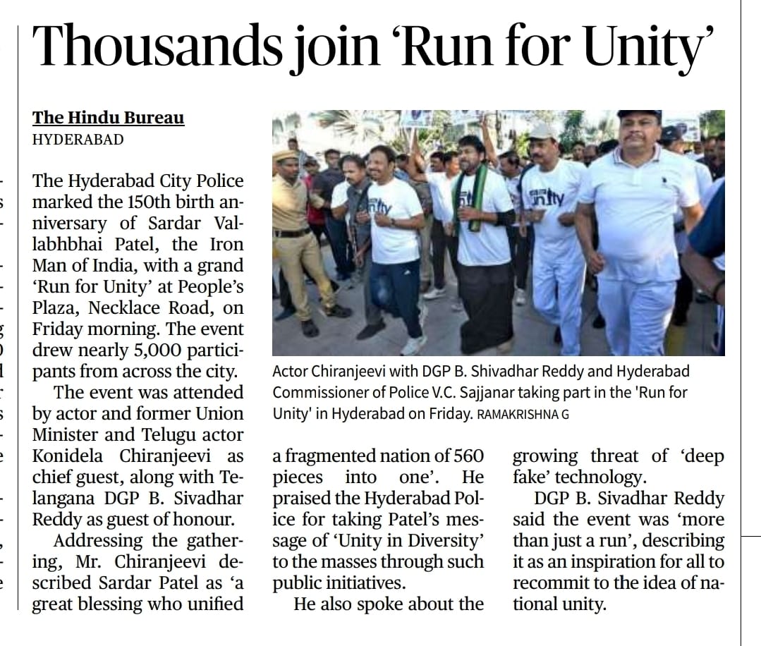 Hyderabad City Police organized a grand ‘Run for Unity’ at People’s Plaza to mark Sardar Vallabhbhai Patel’s 150th Jayanti, with thousands of citizens participating.

Honoured to have Chief Guest Shri <a href="/KChiruTweets/">Chiranjeevi Konidela</a> and DGP Shri B. Shivdhar Reddy, IPS (<a href="/TelanganaDGP/">DGP TELANGANA POLICE</a>) grace the