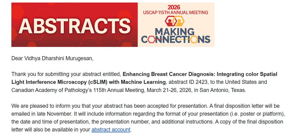 MurugesanVidhya's tweet photo. Super excited to share that both of our abstracts have been selected for @TheUSCAP . My sincere thanks to @tangellamd for his mentorship. Looking forward to presenting our work and connecting with the incredible pathology community in San Antonio!🤠🔬✨ #pathmatch2026 #pathology https://t.co/AARfhO7rxk