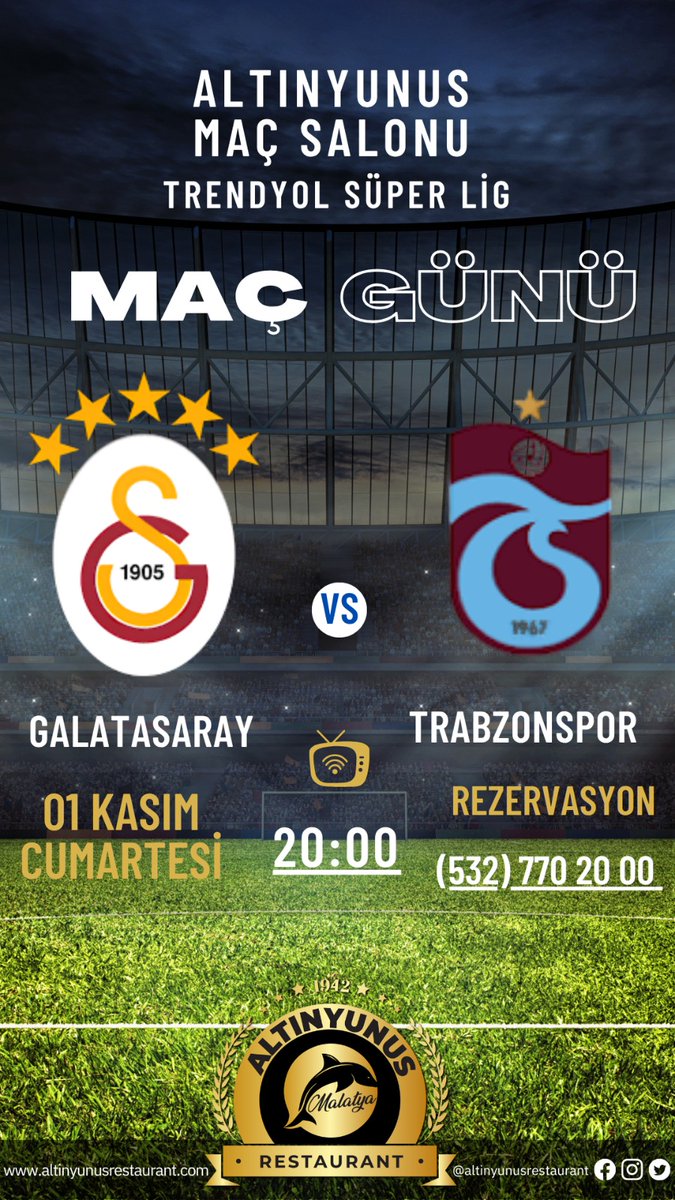 AltinYunusDS's tweet photo. MALATYA ALTINYUNUS RESTAURANT 
#GALATASARAY #TRABZONSPOR
Maç Yayını
Dev Ekran da
0532 770 20 00 

#GSvTS #GalatasarayTrabzonspor
#beINSPORTS
#trendyolsüperlig https://t.co/MMbagYhKAK