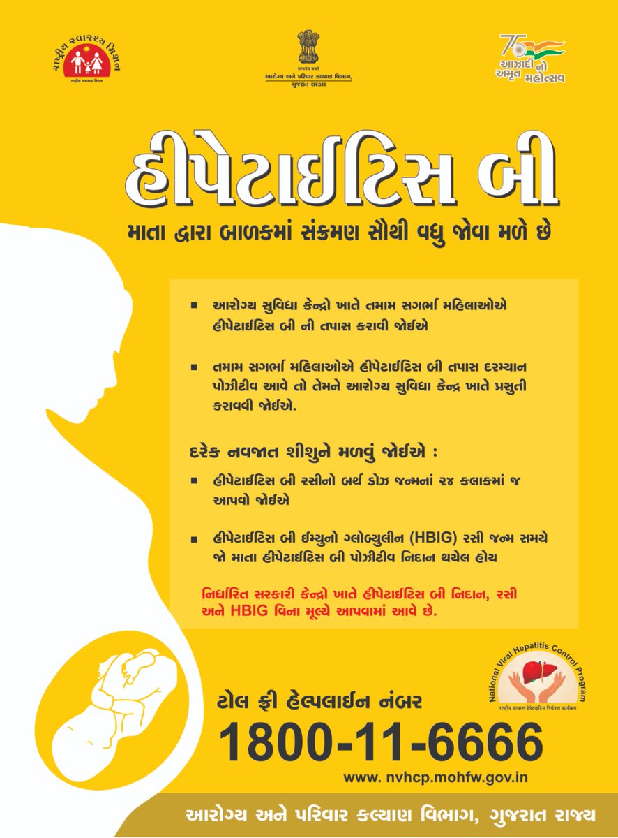 ✴️હિપેટાઇટિસ બી.. માતા દ્વારા બાળકોમાં સંક્રમણ સૌથી વધારે જોવા મળે છે..  📷 દરેક નવજાત શિશુને #હિપેટાઇટીસ બી રસીનો બર્થ ડોઝ જન્મના 24 કલાકમાંજ અપાવો.  વધું જાણકારી માટે ટોલફ્રી હેલ્પલાઇન નંબર  📷#healthcareforall #SwasthaBharat #healthylifestyle #healthcare